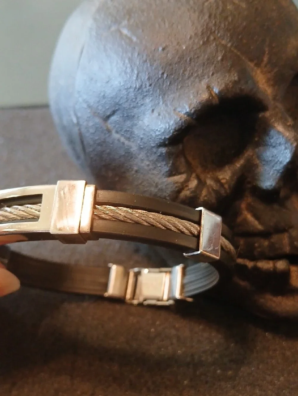 Men's Black and Silver Cable Accent Bracelet - Modern Stainless Style